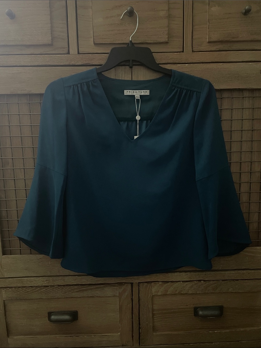 Trina Turk Deep Teal Satin V-Neck Blouse